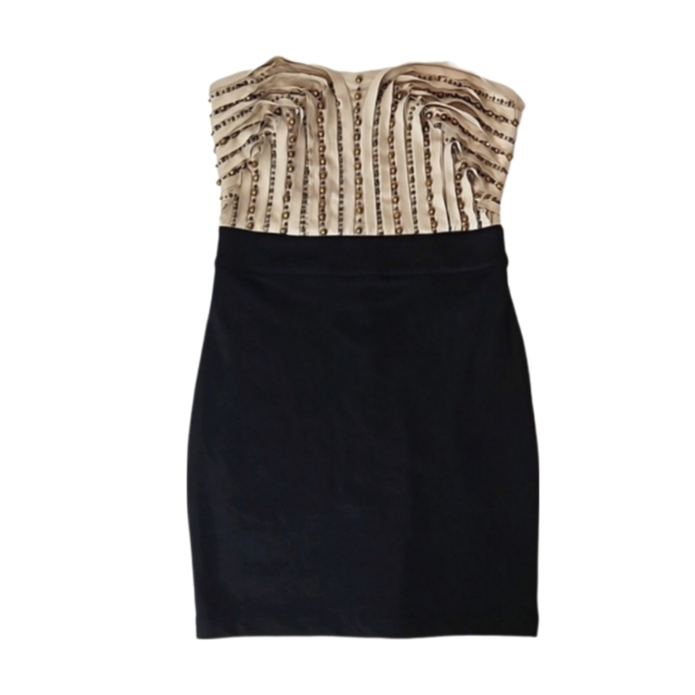 Vintage Beaded Strapless Mini Dress in Tan Gold Black, M